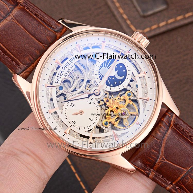 Patek Philippe Moonphase Skeleton Rose Gold Watch 42mm